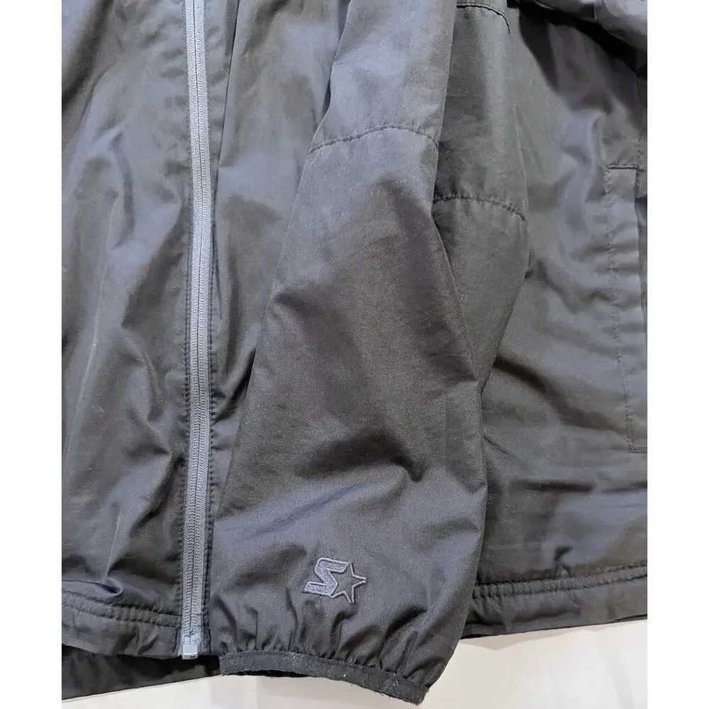 Vintage 90s Starter Jacket Zip Up Windbreaker Hooded Black Gray Mens XL (46-48) - Picture 4 of 6
